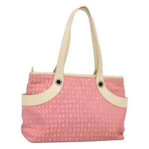 BVLGARI Logo Mania Tote Bag Canvas Pink Silver Auth BA3462
